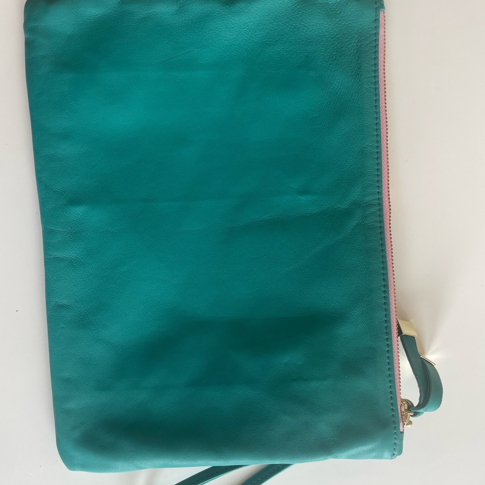 K. Slade Teal Genuine lamb leather Vale pouch, wristlet, and pink Pom tassel.